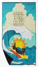 Surfer Dog Longhair Black Tan Dachshund Premium Beach Towel Oversized Towel Beach Blanket, Pool, Beach Essentials, Yoga, Premium Bath Towel