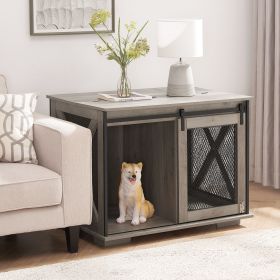 Farmhouse Dog Cage Crate Furniture with Sliding Barn Door, Farmhouse Wooden Dog Kennel End Table with Flip-top Plate Dog House with Detachable Divider