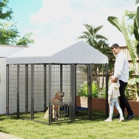 5.9 X 5.9 X 6 Outdoor Dog Kennel With Roof, Rotating & 4-Level Adjustable Bowls (Color: Grey)