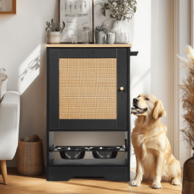 Feeding Station With 1 Storage Cabinets, Pet Feeding Station With 2 Elevated Dog Bowls, Side Hooks, Anti-tip Kit, Hidden Pet Feeder Station For F (Color: Black)
